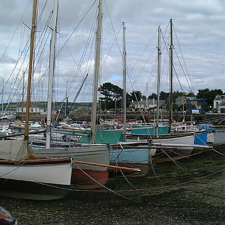 Sailboats moored in a marina with cloudy skies and buildings in the background.