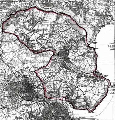 Black and white map showing outlined boundaries of an area with roads and place names marked.