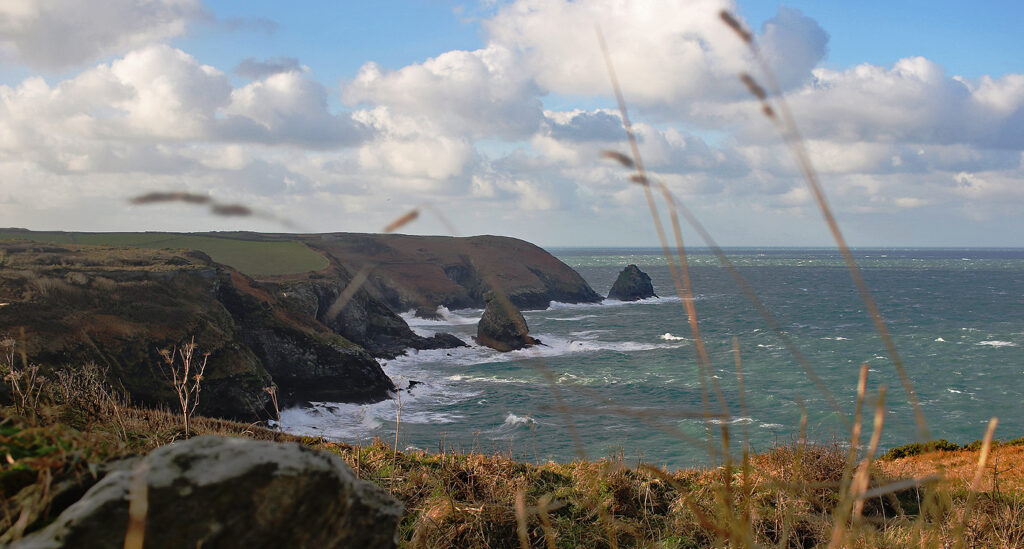 Rocky coastline with cliffs, waves, and grassy foreground under a cloudy blue sky.