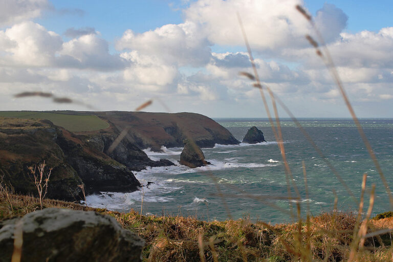 Rocky coastline with cliffs, waves, and grassy foreground under a cloudy blue sky.