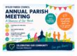 Annual parish meeting leaflet with event details, illustrated people, and community celebration themes.