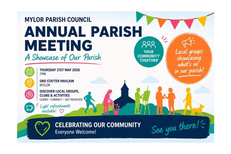 Annual parish meeting leaflet with event details, illustrated people, and community celebration themes.