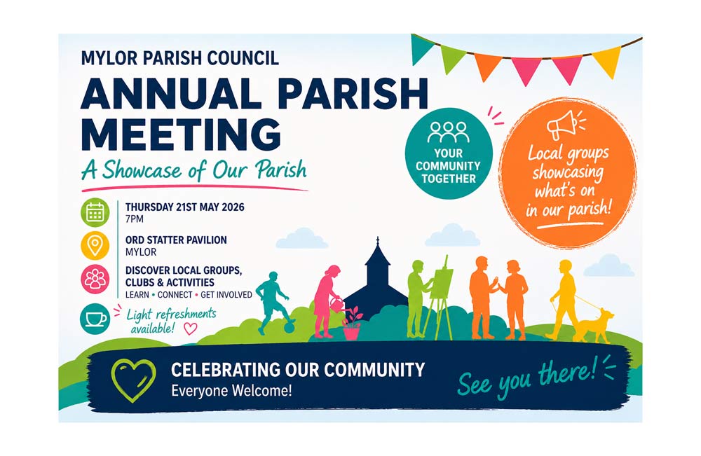 Annual parish meeting leaflet with event details, illustrated people, and community celebration themes.