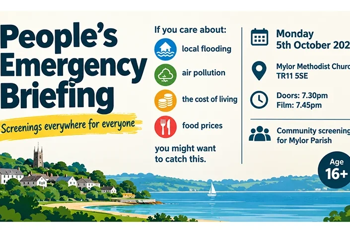 Event flyer: People's Emergency Briefing at Mylor Methodist Church, 5 October 2026.
