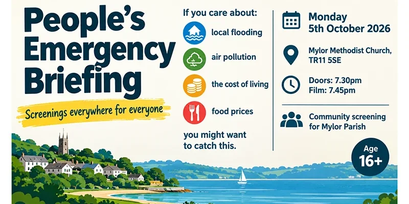 Event flyer: People's Emergency Briefing at Mylor Methodist Church, 5 October 2026.