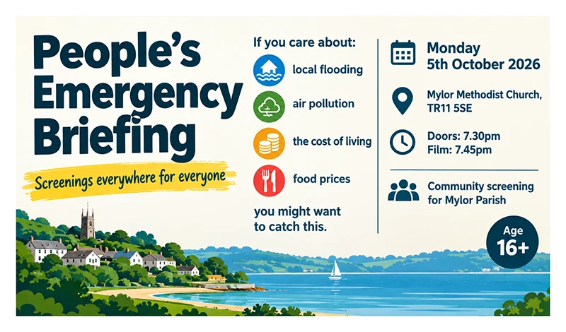 Event flyer: People's Emergency Briefing at Mylor Methodist Church, 5 October 2026.